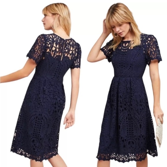 Anthropologie ERI + ALI Lattice Lace Navy Blue Fit N’ Flare Dress shortsleeve XS - Picture 1 of 16
